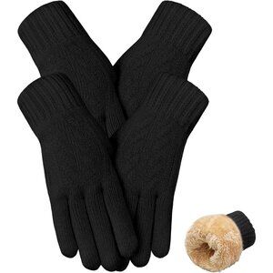 Women's Black Black 2 Pairs Thick Fleece Winter Warm Stretchy Knit Wool Gloves